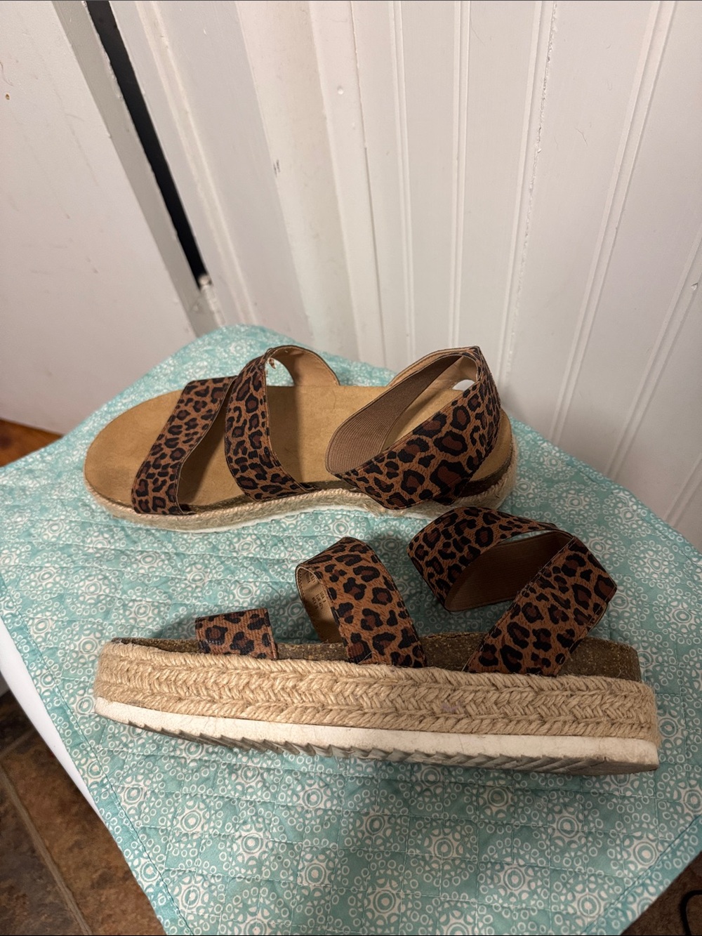 Leopard Print Espadrille Platform Sandals - Brown